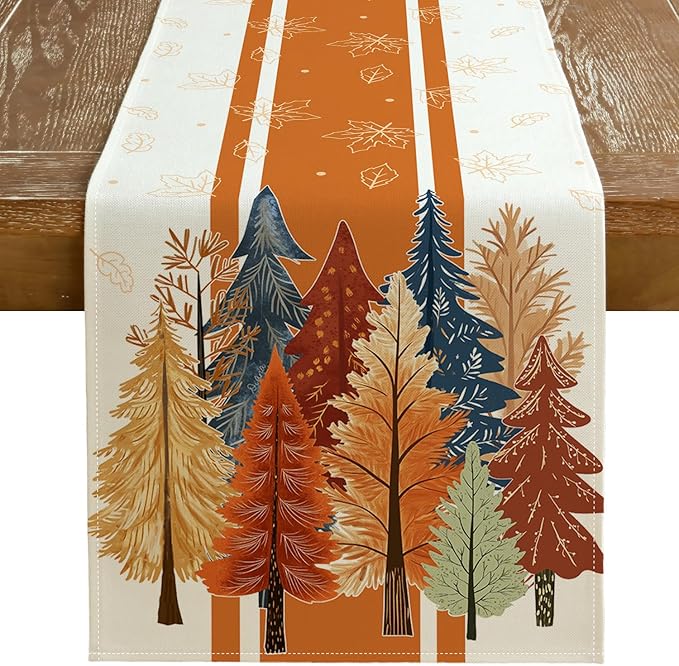 GEEORY Fall Watercolor Tree & Maple Leaves Striped Table Runner 13x36 Inch, Rustic Farmhouse Autumn Thanksgiving Decor for Kitchen, Dining, Indoor/Outdoor Holiday Dinner Party Orange GT157-36-HomvellaHome