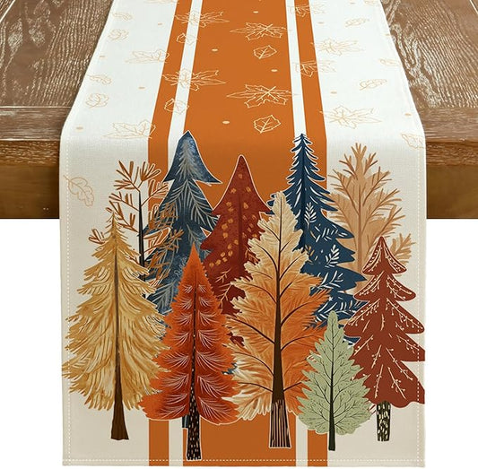 GEEORY Fall Watercolor Trees & Maple Leaves Striped Table Runner 13x48 Inch, Rustic Farmhouse Autumn Thanksgiving Decor for Kitchen, Dining, Indoor/Outdoor Holiday Dinner Party Orange GT157-48-HomvellaHome