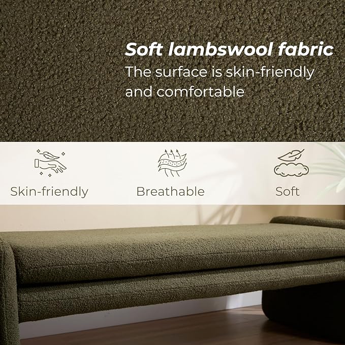 Green Boucle Bench 50" Sherpa End of Bed Bench Modern Upholstered Bench for Bedroom Entryway Living Room Vanity Makeup Room, Teddy Fabric Bench with Seating-HomvellaHome