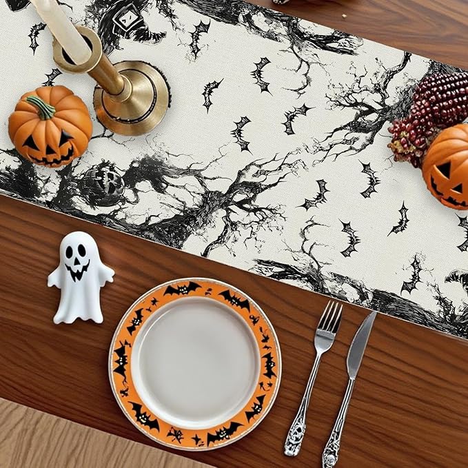 GPGHE Halloween Table Runner Black Ghost Holiday Burlap Table Decoration Indoor Outdoor Home Decor Party Supply 13 x 60 Inch-HomvellaHome