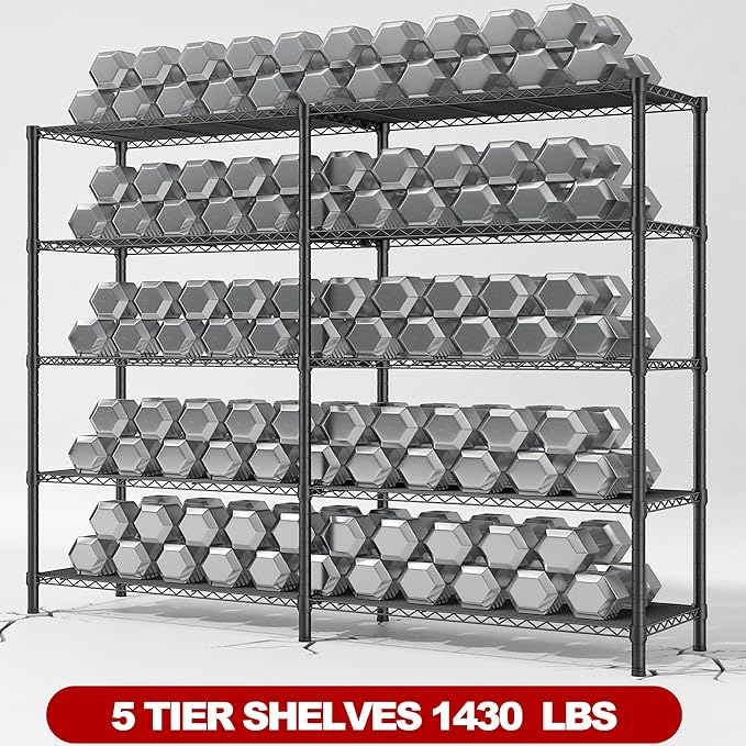 REIBII 5 Tier Wire Shelving Storage Shelves Loads 1430LBS, 58" W Metal Shelving for Storage Adjustable Shelving Unit Heavy Duty Garage Shelves Pantry Shelves Kitchen, Black-HomvellaHome