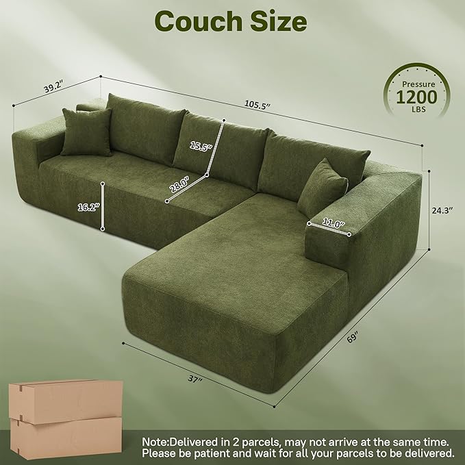 104" Cloud Sectional Couches for Living Room,L Shaped Boneless Couch in A Box,Sleeper Sofa with Comfy Chaise No Assembly Required,Green-HomvellaHome