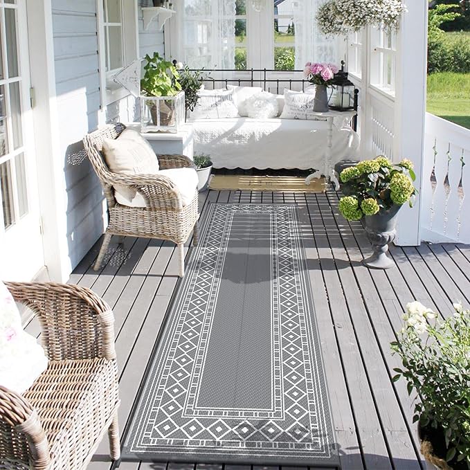GENIMO Outdoor Rug Waterproof for Patio, 2.5'x8' Foldable Reversible Plastic Straw Runner Rugs and Carpet for Porch, Outside Area Mat for Rv, Deck, Picnic, Camper, Balcony, Beach, Grey & White-HomvellaHome