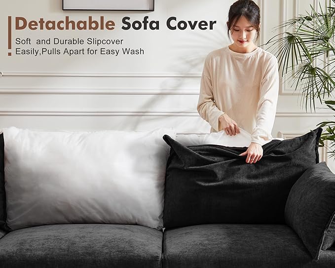 102.6" Modular Sectional Sofa, Oversized 3-Seater Couch with Removable Black Chenille Fabric Cover, Deep Seat & High Backrest for Living Room, Office & Apartment-HomvellaHome