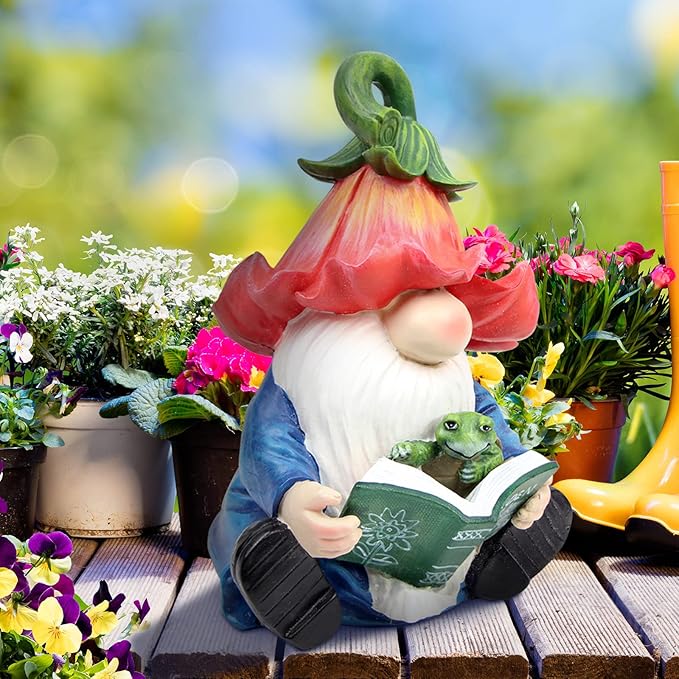 Garden Gnome Statue-Resin Gnome Figurine Hugging Turtle Reading Book with Solar LED Lights，Outdoor Summer Decorations for Patio Yard Lawn Porch,Garden Ornament Gift-HomvellaHome