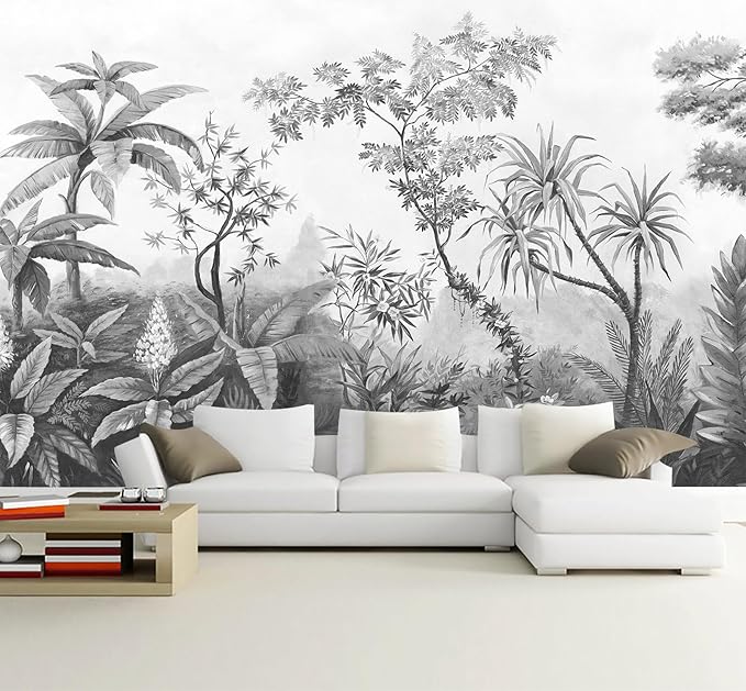 Gray Tropical Rainforest Botanical Wallpaper Bedroom Hand-Painted Oil Painting Jungle Plant Wall Mural Living Room (Not Peel and Stick)-HomvellaHome