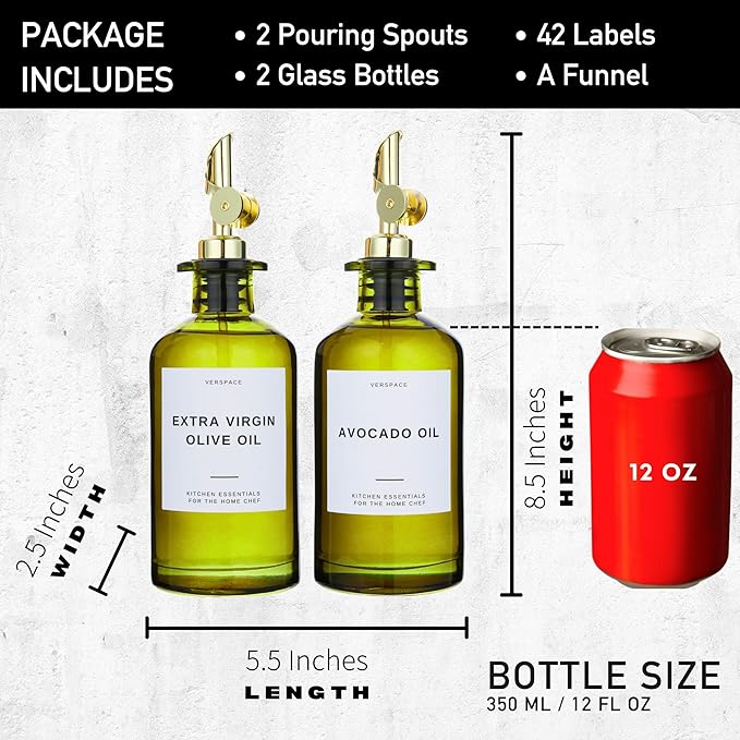Green Glass Olive Oil Dispenser Bottle For Kitchen By Verpsace,Avocado Oil Dispenser Set, Modern Decor, Gold Kitchen Accessories for Home, Airbnb, Cafe (Gold, Set of 2)-HomvellaHome