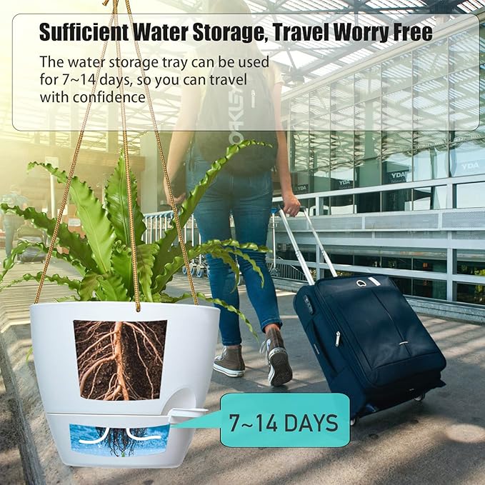 10 Inch Self Watering Hanging Pots, 2 Pack Hanging Planters with 40oZ Deep Reservior for Indoor Outdoor Plants Flowers, White-HomvellaHome