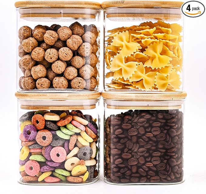 Glass Food Storage Jars Square 24oz, 4 Pack Glass Jars With Bamboo Lids, Kitchen Storage Containers For Spice, Candy, Cookie, Storage For Pantry Organizers-HomvellaHome