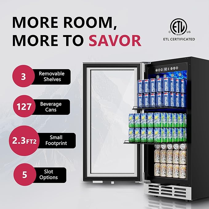15'' Beverage Refrigerator Cooler - 126 Cans Under Counter Beverage Fridge with LED Light, Built-in Design, Wine Cooler for Home/Kitchen-HomvellaHome