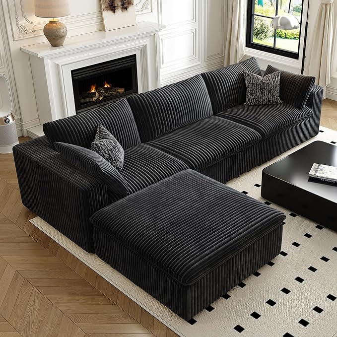 118" Cloud Couch Modular Sectional Sofa for Living Room,Modern Sofa with Deep Seat，L-Shape Boneless Couch with Ottoman,Comfy Upholstered Corduroy Couches for Apartment, Studio, Office,Bedroom，Black-HomvellaHome