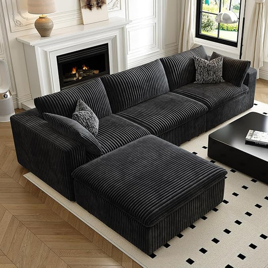 118" Cloud Couch Modular Sectional Sofa for Living Room,Modern Sofa with Deep Seat，L-Shape Boneless Couch with Ottoman,Comfy Upholstered Corduroy Couches for Apartment, Studio, Office,Bedroom，Black-HomvellaHome