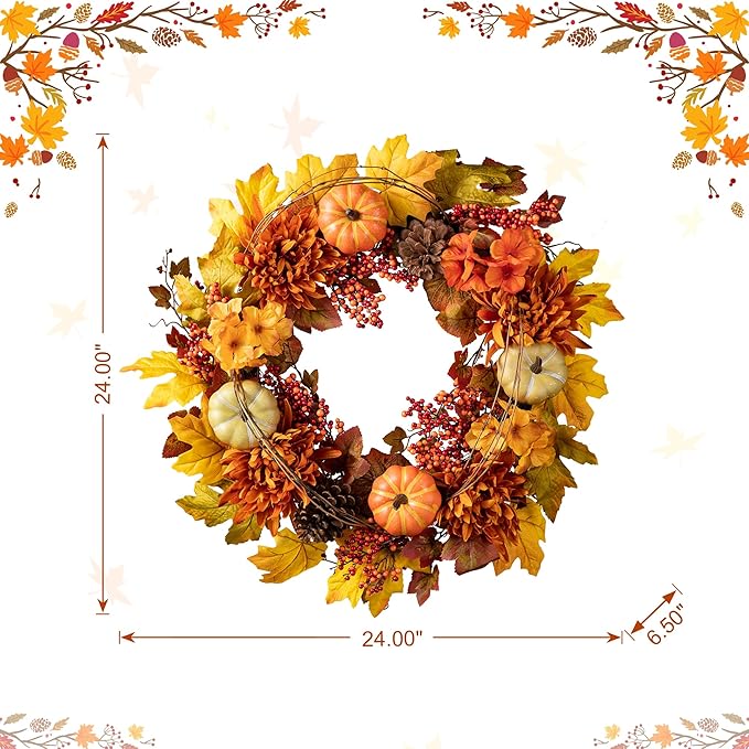Glitzhome 24 inch Artificial Fall Wreath Decor, Autumn Maple Leaf Wreath for Front Door with Dahlia Pumpkin, Leaf and Berry Wreaths for Autumn Harvest Thanksgiving Halloween Decor-HomvellaHome