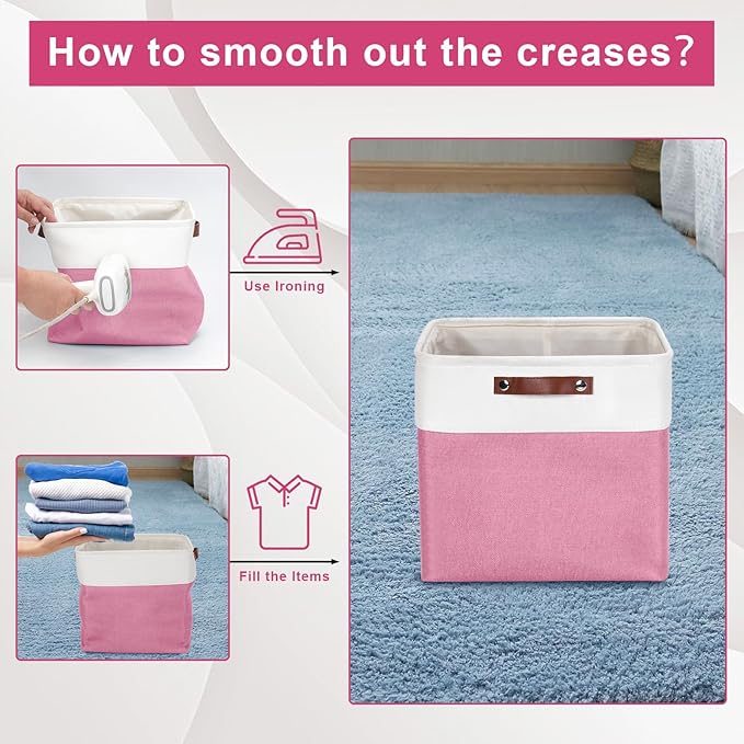 13x13 Cube Storage Bins, Collapsible Fabric Storage Box, 4 Pack Closet Baskets with Handles for Organizing, Shelf, Toys, Clothes, Home, Office, Nursery (Pink&White)-HomvellaHome