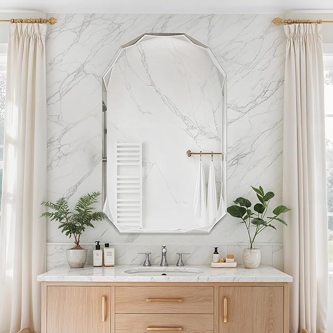 Bathroom Mirror for Wall, 30" x 48" Arched Mirror, Bathroom Vanity Mirror, Beveled Edge Frameless Wall Mount Vanity Mirrors, Wall Mirrors Decorative, Irregular Beveled Edge Mirror-HomvellaHome