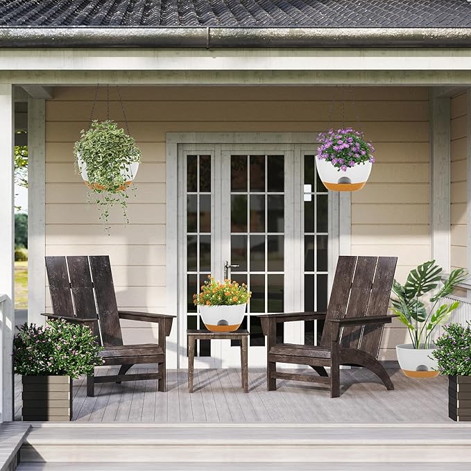 12 Inch Hanging Baskets 2 PC with Chains, Self-Watering Hanging Planters for Indoor Outdoor Plants, Plastic Hanging Flower Pots,White Brown-HomvellaHome