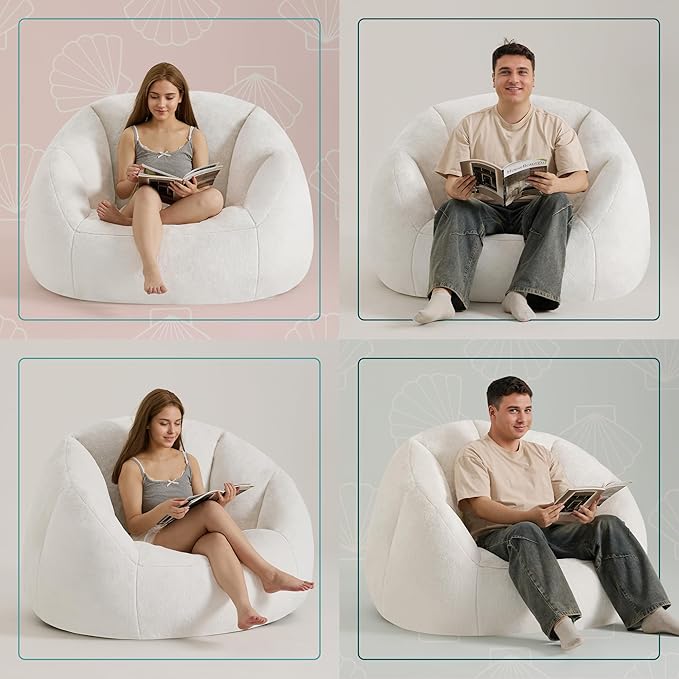 Giant Bean Bag Swivel Chair for Adults - Comfy Plush Round Shell Soft Accent Chair, Oversized Cozy Floor Sofa for Living Room, Bedroom & Game Rooms, Beige-HomvellaHome