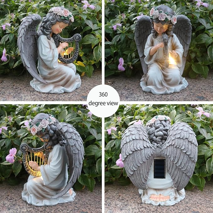 Garden Angel Decor Solar Angels Statues for Garden Waterproof Angel Sculpture Playing The Harp Solar Angels for Yard Patio Gardening Gift-HomvellaHome