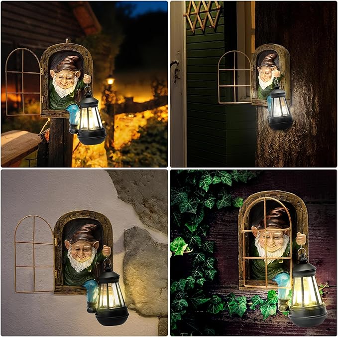 Garden Gnome Decor Outdoor Statue - Gnome With Solar Waterproof Lantern, Whimsical Elf Out The Door Tree Hugger Garden Statues, Home, Fence, Patio, Resin Ornament, Gardening Gift Tree Faces Gnomes-HomvellaHome