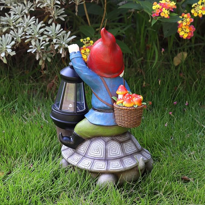 Gnome and Turtle Garden Decor, Large Outdoor Garden Sculptures & Statues, Outside Patio Yard Lawn Decorations, Housewarming for Women, Mom, Grandma with Solar Lantern-HomvellaHome