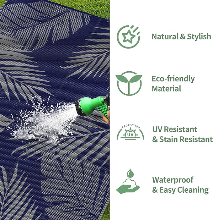 GENIMO Outdoor Rug 3' x 5' Waterproof for Patios Clearance, Reversible Outdoor Plastic Straw Camping Rug Carpet, Large Area Rugs Mats for RV, Camper, Deck, Balcony, Porch, Beach, Picnic Navy Blue&Grey-HomvellaHome