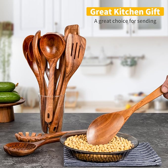 GUDAMAYE 11 PCE Wooden Spoons for Cooking, Wooden Kitchen Utensils Set,Wooden Cooking Utensils,Natural Teak Wooden Spoons For Non-stick Pan-HomvellaHome