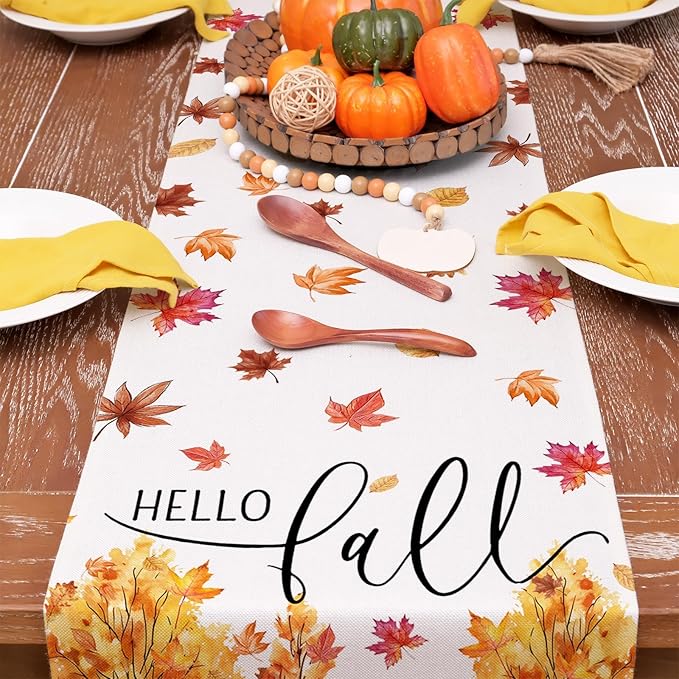 GEEORY Fall Watercolor Trees & Maple Leaves Table Runner 13x72 Inch, Rustic Farmhouse Autumn Thanksgiving Decor for Kitchen, Dining, Indoor/Outdoor Holiday Dinner Party Orange Red GT160-72-HomvellaHome