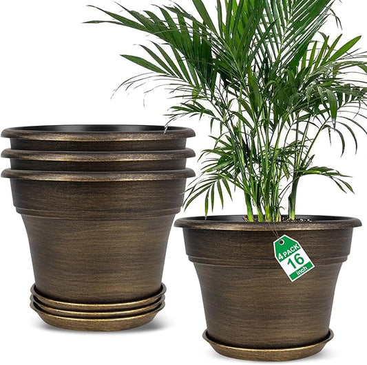 16 inch Plant Pots Outdoor Planters，4 Pack Large Plastic Flower Pot for Indoor Plants with Drainage Holes & Saucer, Resin Decorative Container Sets with Trays for House Outdoor Garden Plant Dark Gold-HomvellaHome