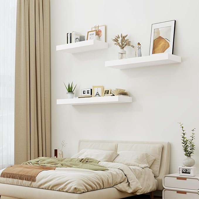 12" Deep White Floating Shelves,Over Toilet Long Wall Mounted Modern Farmhouse 36 inches,Wall Shelves with Invisible Brackets for Bedroom, Bathroom, Living Room, Kitchen, Set of 1-HomvellaHome