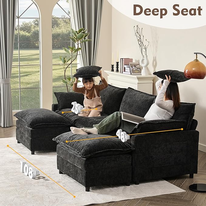 108" U Shaped Couch, Modular Sectional Sofa, 3-Seater Comfy Cloud Couch with Movable Ottoman, Deep Seat Couches for Living Room, Chenille, Black-HomvellaHome