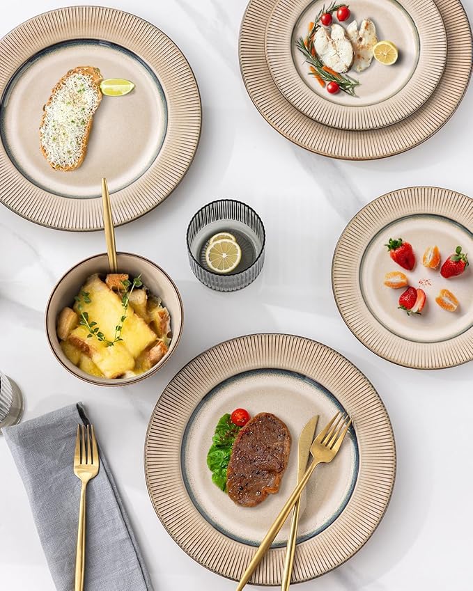 GBHOME Ceramic Dinnerware Sets,12 pcs Embossed Elegant Stoneware Plates and Bowls Sets, Housewarming Wedding Gift | Dishwasher & Microwave Safe | Dishes Set Service for 4-HomvellaHome
