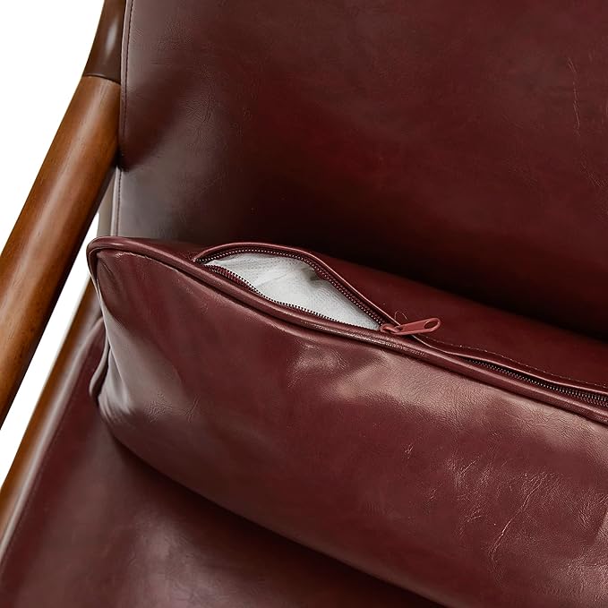 Glitzhome 2 Set Mid Century Red Accent Armchair, Single Reading Armchair PU Leather Lounge Chair with Walnut Ruberwood Frame-HomvellaHome