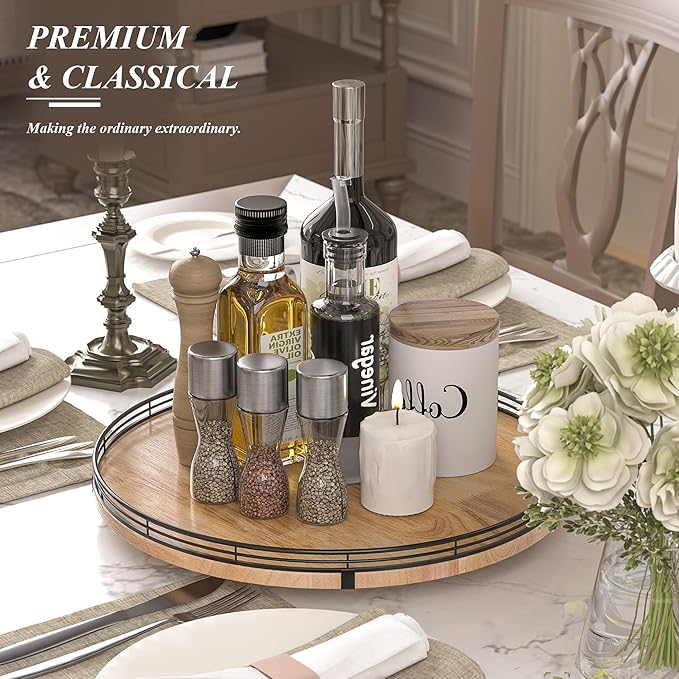 16" Lazy Susan Oak Wood Turntable Organizer for Cabinet, Farmhouse Round Wooden Large Lazy Susan Organization and Storage for Dining Table, Pantry, Kitchen, Bathroom, Countertop, Cupboard, Home Decor-HomvellaHome