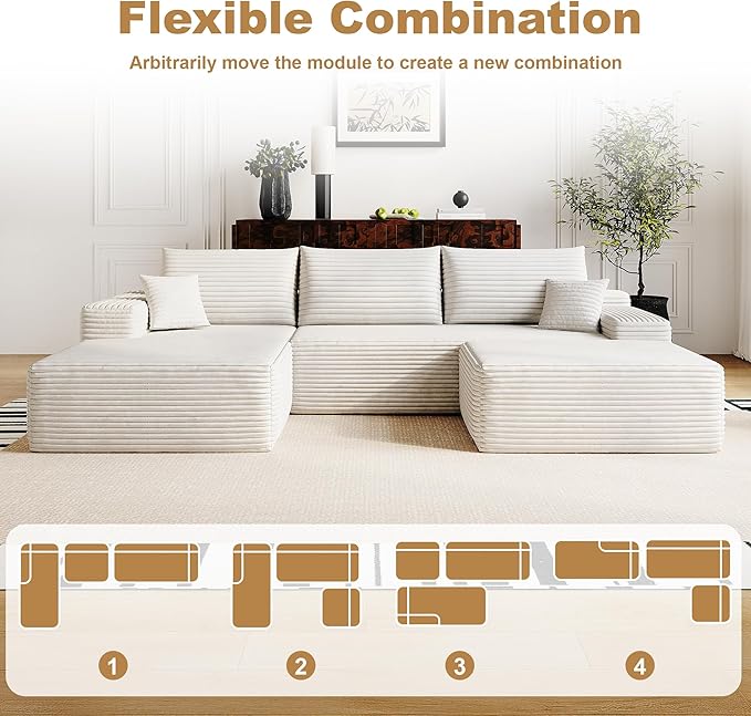 108" Sectional Couches for Living Room Modern Modular Sofa with L-Shape Couchs Upholstered Boneless Couch Deep Seat Sectional Couch with Chaise (White, Left Facing Chaise+2Seaters+1Ottoman)-HomvellaHome