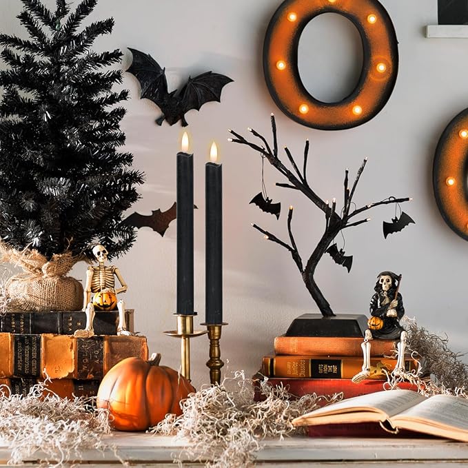 GenSwin Flameless Black Taper Candles Flickering with 10-Key Remote, Battery Operated Led Warm 3D Wick Light Window Candles Real Wax Pack of 6, Christmas Home Wedding Decor(0.78 X 9.64 Inch)-HomvellaHome