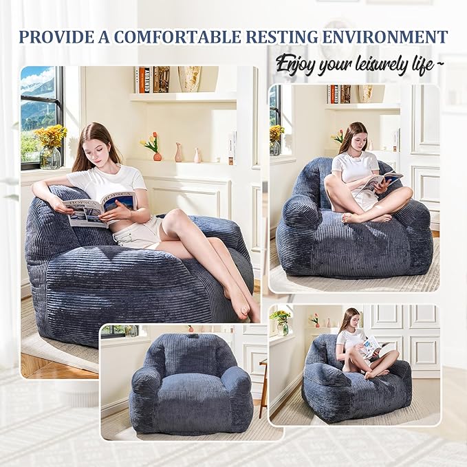 Giant Bean Bag Chair, Faux Fur Bean Bag Chair for Adults, Fluffy and Comfy Bean Bags with Filler, Big Bean Bag Sofa Chair for Reading, Gaming, Stuffed High-Density Foam, Grey-HomvellaHome