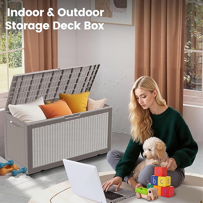 100 Gallon Storage Box, Waterproof Resin Deck Box with Hydraulic Piston Design, Lockable Storage Bench for Package Delivery, Storage Bin for Patio Cushions, Garden Tools, Grey-HomvellaHome