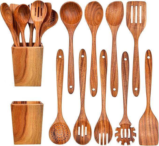 Gudamaye 13 inch Long Wooden Spoons for Cooking, 9 PCS Natural Teak Wooden Kitchen Utensil Set with Utensils Holder Made of Australia Camphor Laurel Wood，Wooden Utensils for Cooking-HomvellaHome