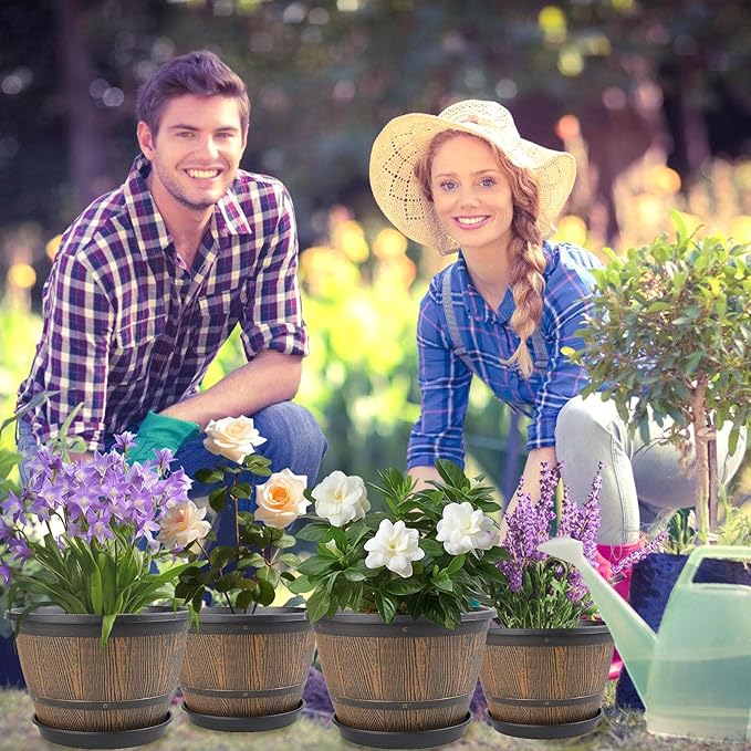 10-inch-Plant-Pots-Indoor-Outdoor, 4 Pack Whiskey Barrel Planters with Drainage Holes & Saucer, Plastic Flower Pots Imitation Wine Barrel Design, Decorative Garden Pots for Plants-HomvellaHome