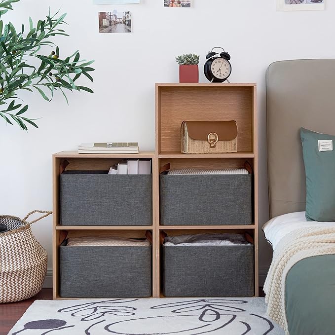 GRANNY SAYS Closet Storage Baskets, Collapsible Fabric Storage Bins with Metal Frame, Clothes Organizer Bins, Large Baskets for Shelves, Dark Gray, 4-Pack-HomvellaHome