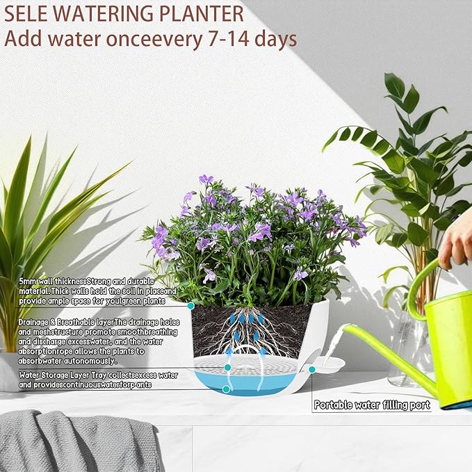 2 Pack 12 Inch Large Hanging Planters with Chains Self Watering White Plastic Hanging Pots for Indoor Outdoor Plants, Garden Porch Home Decor，White-HomvellaHome