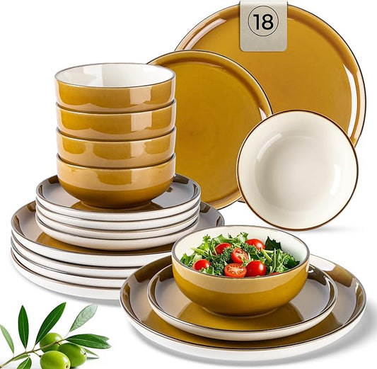 GBHOME Ceramic Dinnerware Sets, 18 Pieces Stoneware Dinnerware Set, Plates and Bowls Sets, Dishwasher & Microwave Safe,Dishes Set | Service for 6-HomvellaHome