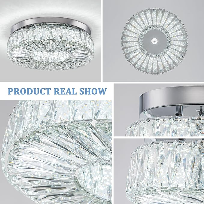 16.5" Crystal Chandelier LED Modern Flush Mount Ceiling Light Fixtures Round Ring Luxury Large Chandelier for Living Room Bedroom Dining Room Entrance (Cool white-16.5")-HomvellaHome