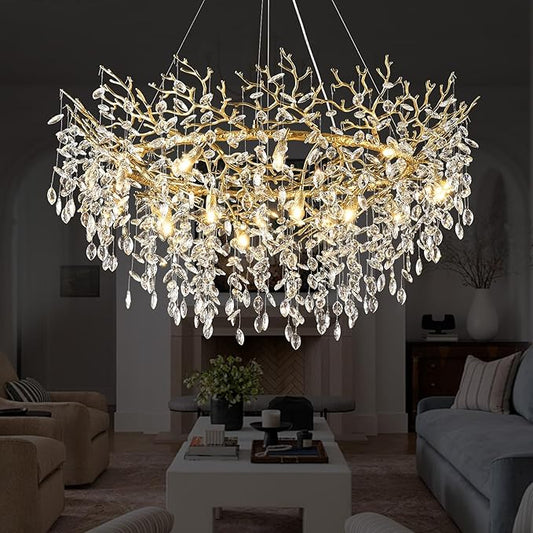 14-Light Modern Large Crystal Chandelier for Dining Room, 48" Round Gold Crystal Tree Branche Chandelier, Living Room Crystal Chandelier, Crystal Chandeliers for High Ceiling,Entryway,Foyer-HomvellaHome