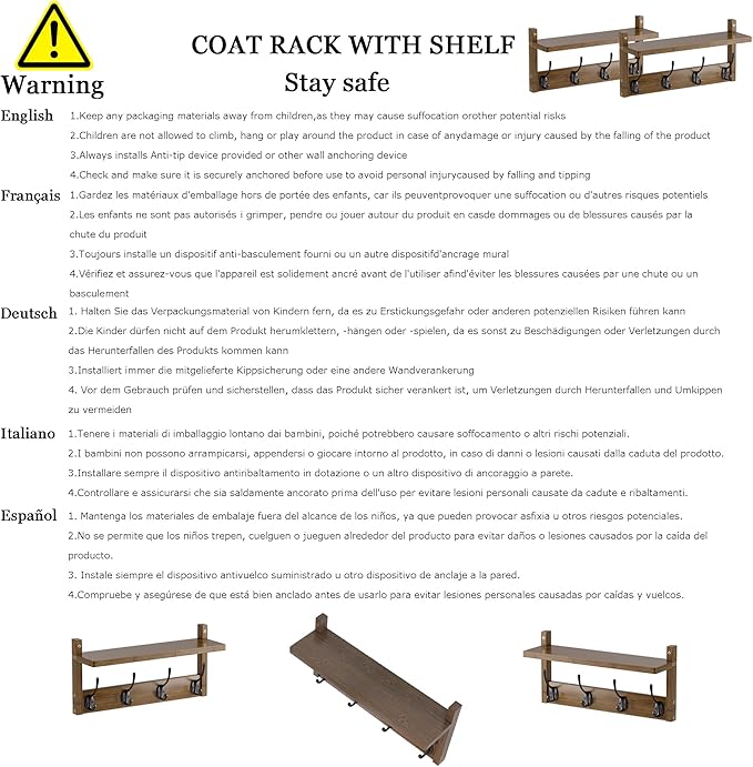 2 Pack Coat Rack Wall Mount, Bamboo Coat Hook with Storage Shelf, Coat Hanger with 8 Dual Hooks, Wall Floating Shelf for Entryway Hallway Kitchen, Bathroom, Bedroom (White+Slive)-HomvellaHome