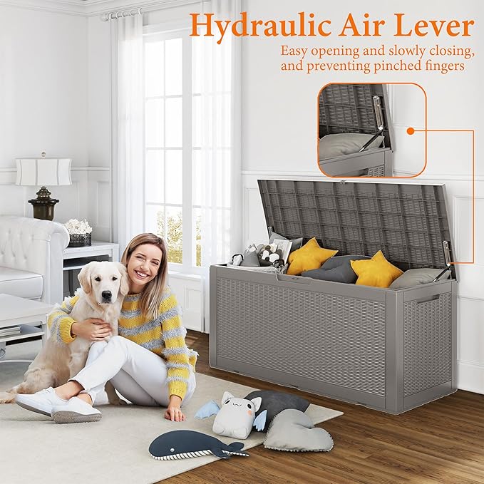 100 Gallon Resin Deck Box, Lockable Patio Outdoor Storage Box for Furniture, Garden Tools and Tools Storage, Waterproof Outside Storage Boxes - Grey-HomvellaHome