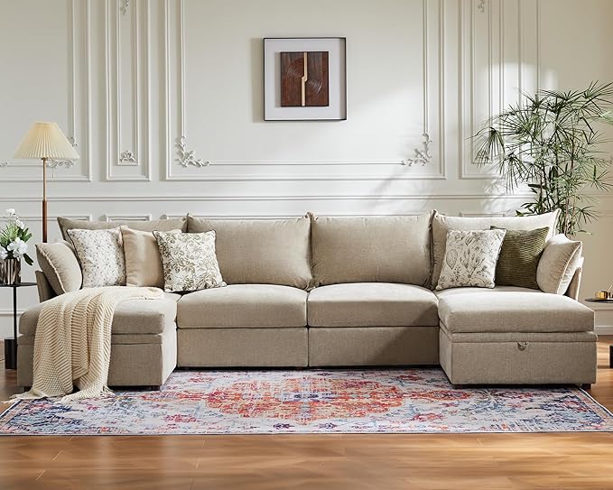 134.6" Oversized Modular Sectional Sofa, 6 Seater U Shaped Couch with Storage Ottoman with Reversible Chaise Deep Seat for Living Room, Apartment - Chenille Beige-HomvellaHome