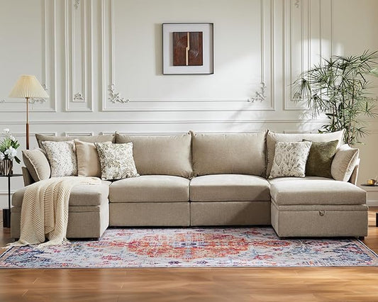 134.6" Oversized Modular Sectional Sofa, 6 Seater U Shaped Couch with Storage Ottoman with Reversible Chaise Deep Seat for Living Room, Apartment - Chenille Beige-HomvellaHome