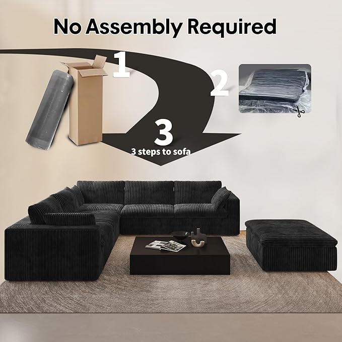 118" 6-Seater Cloud Sofa,Modular Sectional Couch with Ottoman,Modern Deep Seat Upholstered Couches with Corduroy Fabric for Living Room Furniture,Bedroom and Apartment,No Assembly Required,Black-HomvellaHome