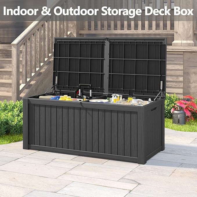 150 Gallon Resin Deck Box, Large Indoor and Outdoor Storage Box, Weatherproof and UV Resistant Outdoor Storage Box with Built-in Steel Beams for Patio, Cushions, Pool Supplies-HomvellaHome
